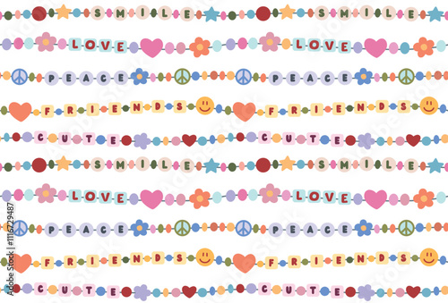 Colorful seamless pattern with various colorful beads. Cartoon background with friendship bracelets