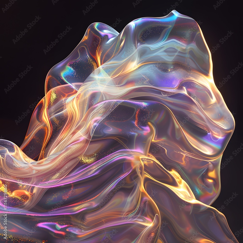 Futuristic abstract 3D holographic shape with fluid iridescent colors and glowing effects, creating a dynamic visual experience against a black background Futuristic abstract 3D holographic shape with fluid iridescent colors and glowing effects, creating a dynamic visual experience against a black background