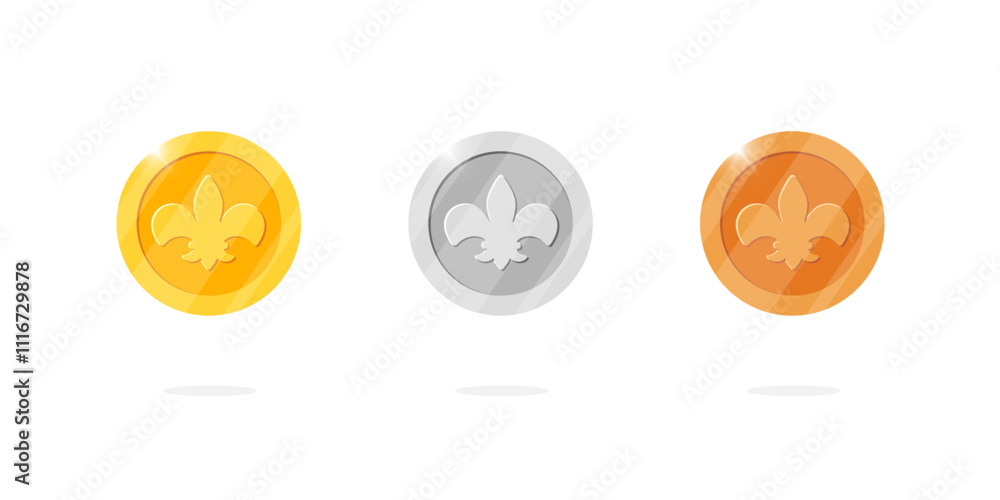 Fototapeta premium Gaming coins set featuring ancient monetary design. Gold, silver, bronze ranking medals with royal status symbol. Perfect for video game interfaces or app animation. Casino win and cash treasure theme