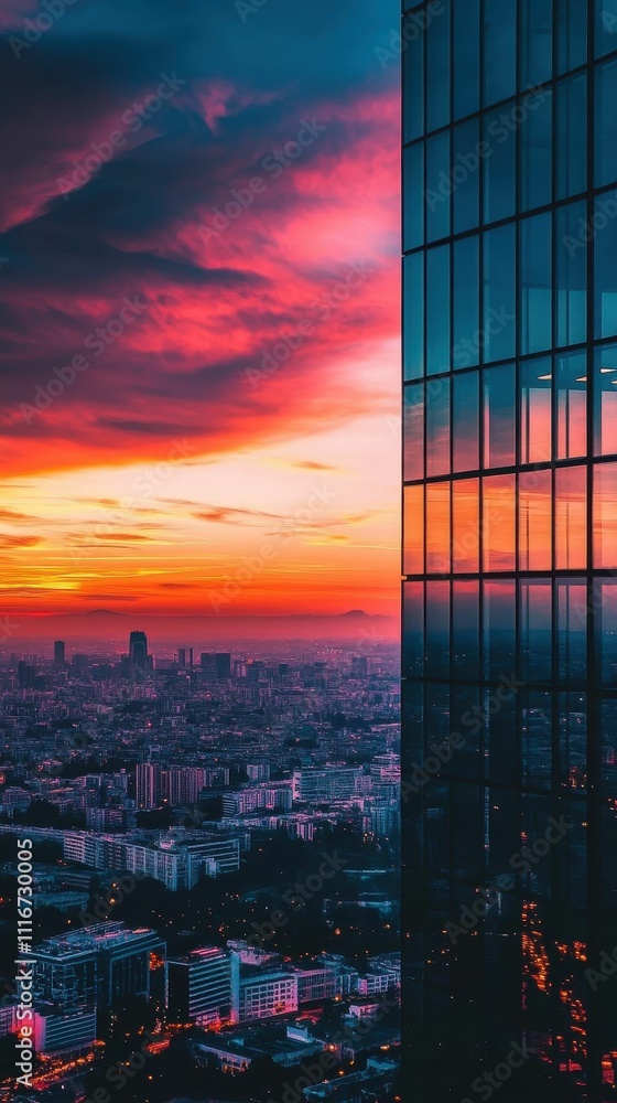 Cityscape at sunset, skyscraper reflects vibrant sky. Cityscape at sunset, skyscraper reflects vibrant sky.