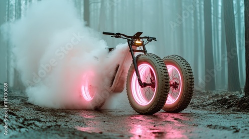 A modern electric bike with glowing pink wheels emits smoke in a misty forest, blending nature and technology in a visually striking representation of innovation. photo