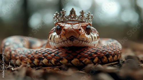 A striking, intricately patterned snake coils with a majestic crown perched on its head, set against a blurred forest backdrop, symbolizing mystery and creativity. photo