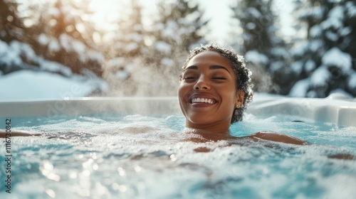 A woman peacefully relaxes in a steaming hot tub outdoors, surrounded by snow-covered trees, enjoying the warm water against a beautiful winter backdrop.