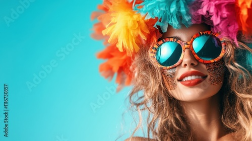 A vibrant woman with tiger-print sunglasses and a colorful feathered headdress displays painted designs on her face, embodying creativity and boldness against a bright background. photo