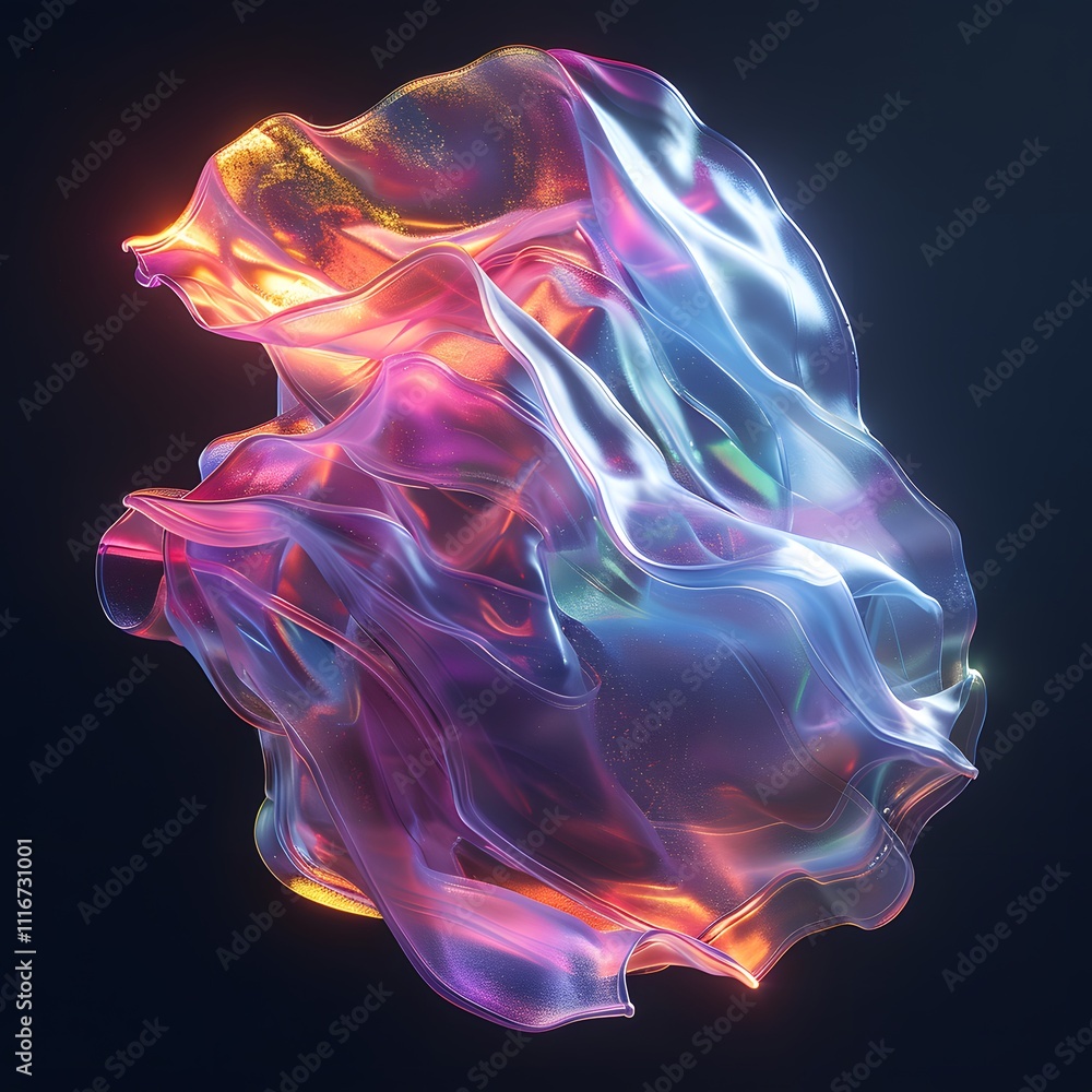 Futuristic abstract 3D holographic shape with fluid iridescent colors and glowing effects, creating a dynamic visual experience against a black background Futuristic abstract 3D holographic shape with fluid iridescent colors and glowing effects, creating a dynamic visual experience against a black background
