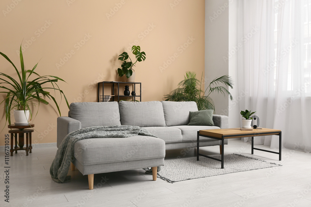 Fototapeta premium Interior of living room with grey sofa, houseplants, coffee table and shelving unit