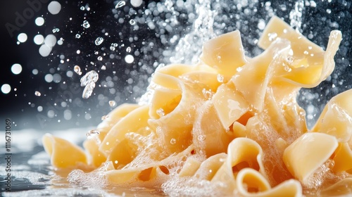 Fresh pasta ribbons are hit by splashing water under bright lighting, capturing the texture and motion in a vibrant and refreshing culinary-themed composition. photo