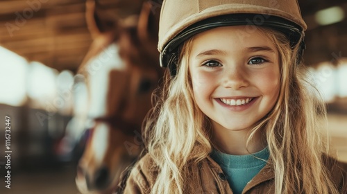 A young girl with long hair smiles while wearing a helmet, standing at a horse stable. Her joy conveys a love for horses and adventure, with a horse nearby. photo