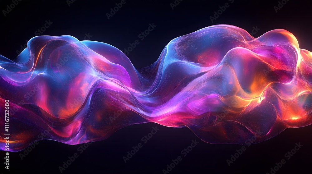 Fototapeta premium Futuristic abstract 3D holographic shape with fluid iridescent colors and glowing effects, creating a dynamic visual experience against a black background