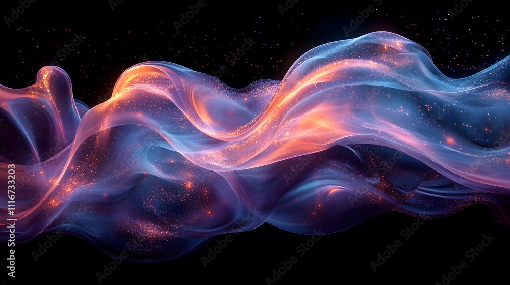 Obraz premium Futuristic abstract 3D holographic shape with fluid iridescent colors and glowing effects, creating a dynamic visual experience against a black background