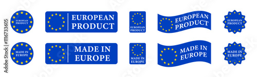 Made in Europe. EU products. European product label, badge, sticker, emblem, logo. Made in Europe labels. European products