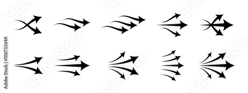 Air flow arrows. Wind flow cursor icons. Wind or air stream direction arrows. Air movement arrows illustration