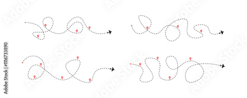 Flight routes. Airplane routes set. Dash route lines. Plane route lines. Dotted flight pathway. Plane paths. Aircraft tracking lines