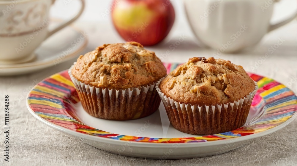 Closeup of fresh baked apple and coffee muffins lying on colorful plate. Isolated on white background Closeup of fresh baked apple and coffee muffins lying on colorful plate. Isolated on white background
