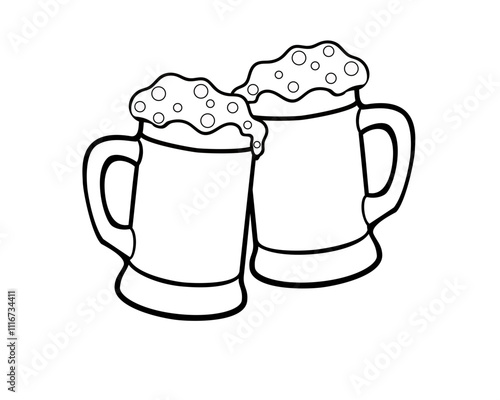 The clink of beer glasses. Beer glasses with foam on Patrick's Day. Two glasses of beer. Vector linear image for coloring. Outline.	