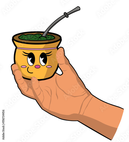 Hand holding a Cute smiling mate  with yerba and bombilla. Vector illustration of a South American drink.