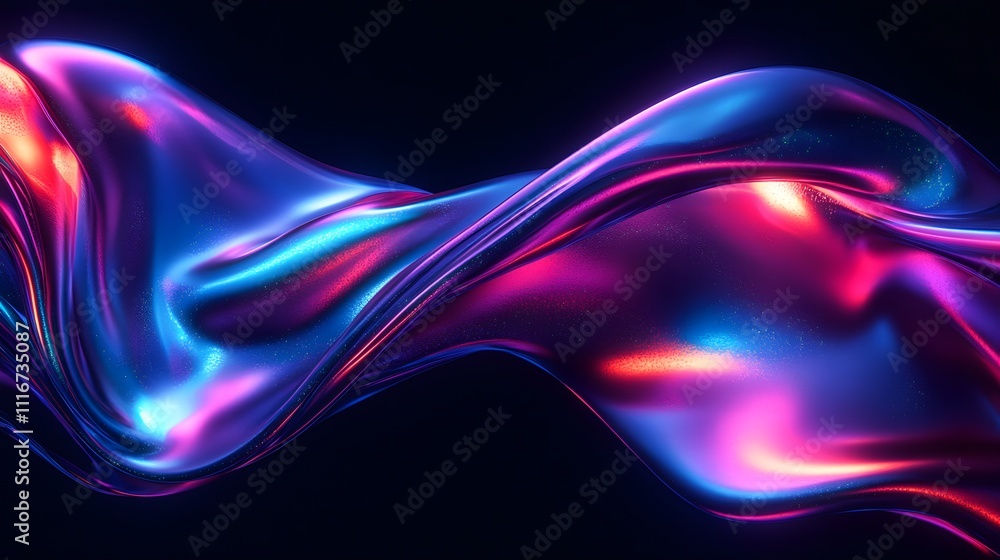 Fototapeta premium Futuristic abstract 3D holographic shape with fluid iridescent colors and glowing effects, creating a dynamic visual experience against a black background