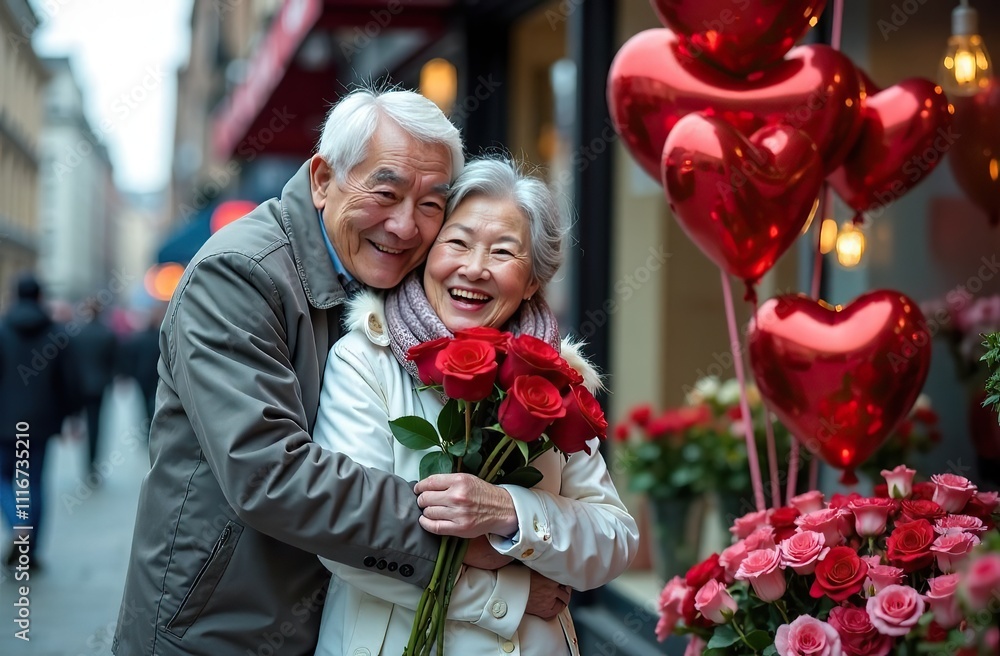 Fototapeta premium Asian elderly hugging happy couple standing with a bouquet of red roses on a winter street near a flower shop with red heart shaped balloons