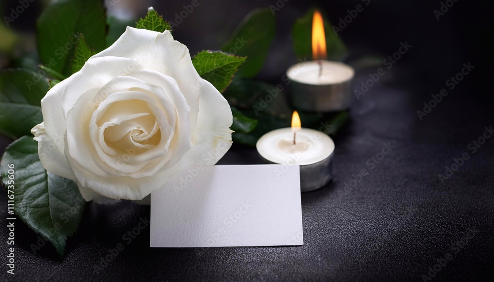 Fototapeta premium White rose, blank card, and burning votive candles resting on dark background