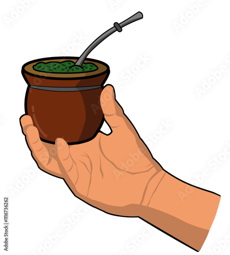 Hand holding a traditional brown mate with yerba and bombilla. Vector illustration of a South American drink.