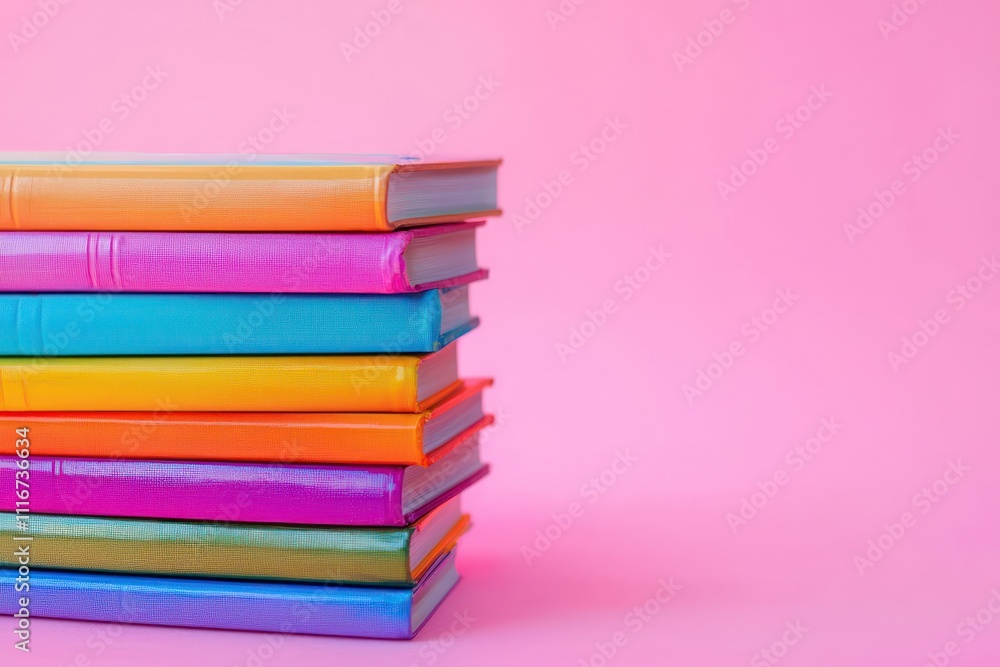A stack colorful books on a pink background, representing LGBTQ+ themes, A stack colorful books on a pink background, representing LGBTQ+ themes,