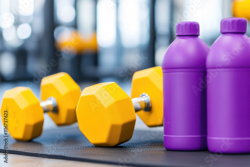 Bold fitness branding concept with yellow dumbbells, purple water bottles, and a black gym mat for an energetic workout experience photo