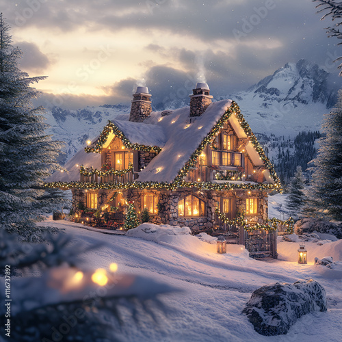 Wallpaper Mural A large stone-clad house decorated with Christmas lights in the snowy mountains. A house decorated for Christmas in the winter mountains. Torontodigital.ca