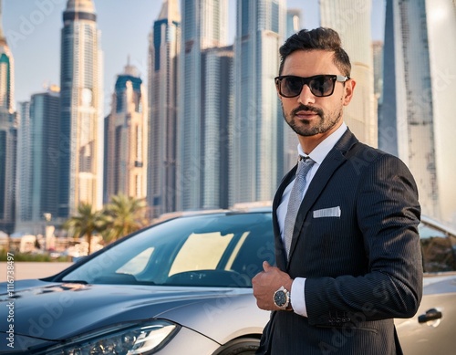 a dishonest european caucasian salesman with sunglasses in DUBAI talks looking into the camera, behind him a nice sports car, guru, trash. photo