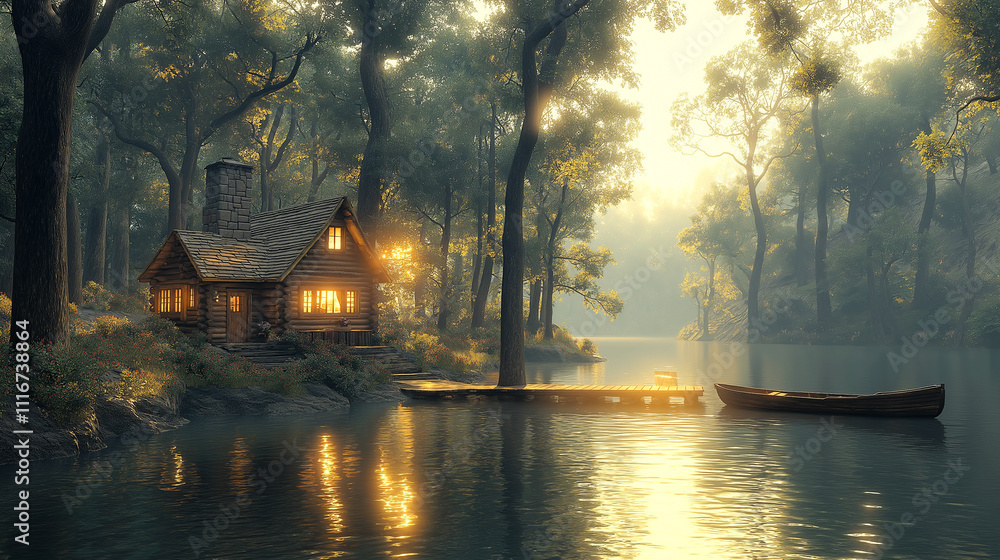 Fototapeta premium Enchanted cabin by serene lake