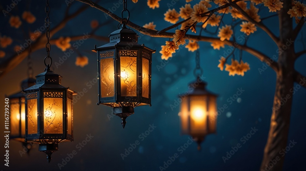 Illuminated lanterns hanging from a tree branch at night. Illuminated lanterns hanging from a tree branch at night.