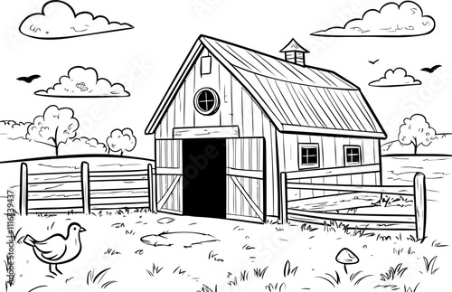 Barn, coloring page for kids, line art, black and white.