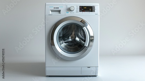 Modern white washing machine with chrome accents. photo