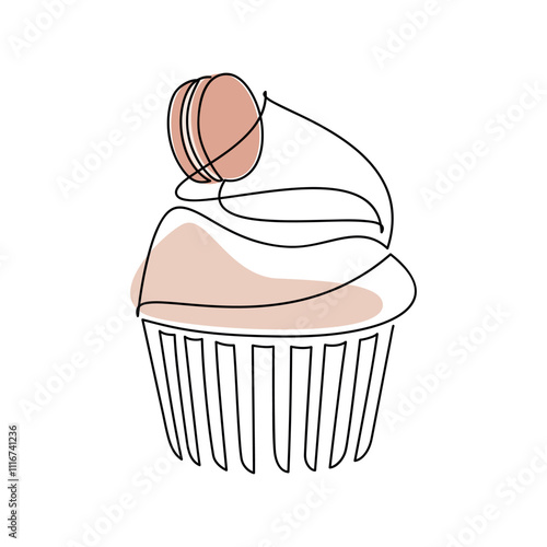 Hand drawn cupcake muffin creamy cake. Caramel macaroon dessert line continuous drawing. Linear pastry vector icon. Abstract illustration, cartoon print, card, bakery logo, sign symbol, menu