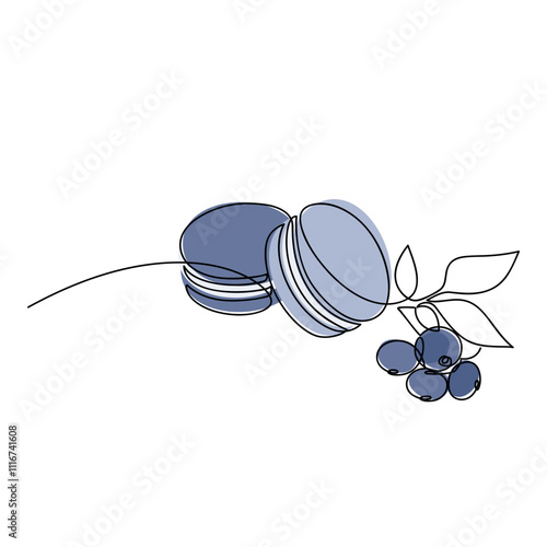 Hand drawn blueberry macaroons. Dessert line continuous drawing. Linear pastry vector icon. Abstract illustration, cartoon print, card, bakery logo, sign symbol, menu, poster