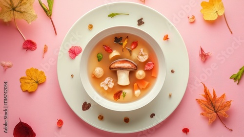 Mushroom soup with autumn leaves on pink background