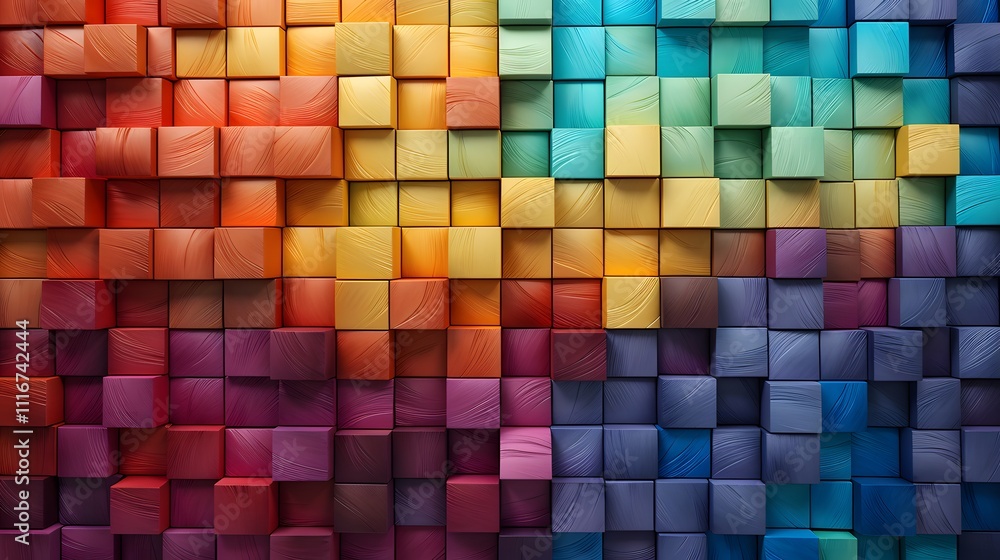 Abstract 3D background with colorful wooden cubes arranged in a gradient pattern, creating a vibrant and textured visual effect. Abstract 3D background with colorful wooden cubes arranged in a gradient pattern, creating a vibrant and textured visual effect.