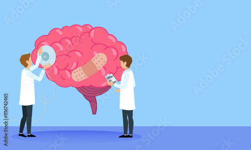 Doctors Examining Brain with Bandage and Medical Equipment