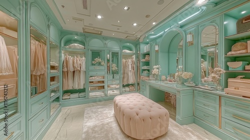 Luxurious Mint Green Walk-in Closet photo