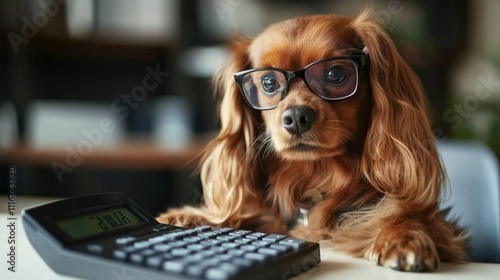 Brown dog with glasses sitting at a desk with a laptop and calculator working pose blurred office background professional look