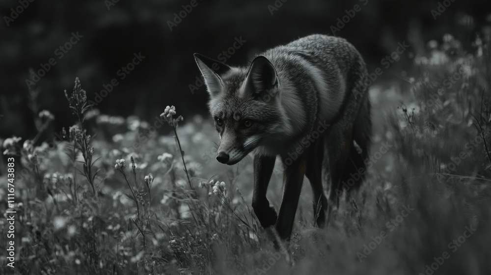 Fototapeta premium Red fox walking through a grassy field with flowers bright natural lighting soft focus on details