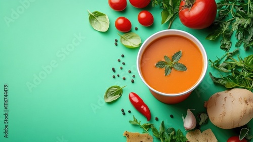Tomato soup with vegetables, herbs and spices on turquoise background