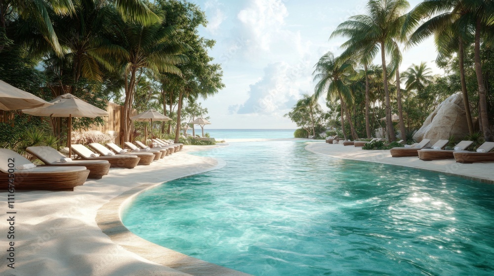 Fototapeta premium Tranquil Poolside Oasis Surrounded by Lush Palm Trees and White Sand Beach
