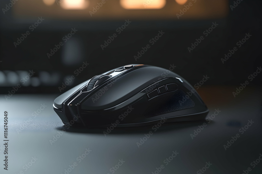 Studio view of an ergonomic wireless mouse featuring a modern black and gray design Studio view of an ergonomic wireless mouse featuring a modern black and gray design