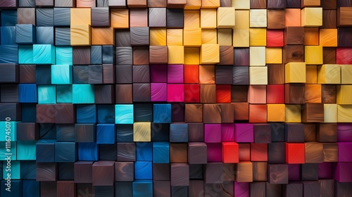 Abstract 3D background with colorful wooden cubes arranged in a gradient pattern, creating a vibrant and textured visual effect.