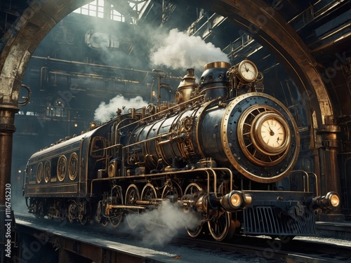 A powerful steampunk locomotive with intricate gears, pipes, and brass detailing stands against a smoky, industrial backdrop, exuding vintage futurism