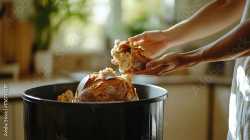 Hands throwing stale bread into a trash bin daily kitchen light emphasizing food waste issue
