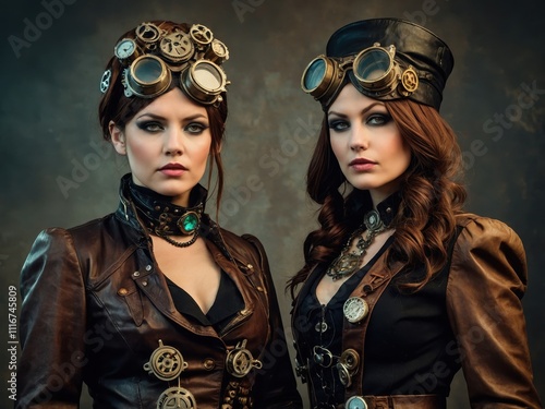 Two women showcase contrasting styles of steampunk and dieselpunk, with intricate accessories, leather outfits, and metallic accents, exuding bold elegance and futuristic flair