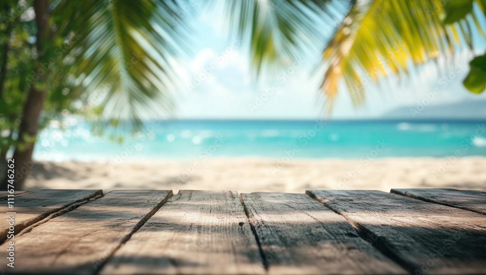 Fototapeta premium tropical beach, wooden table, ocean view, palm trees, sunny day, vacation vibes, summer escape, relaxation, nature scenery, tranquil environment with blurred background