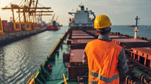 A cargo ship is inspected by port officials to ensure compliance with international regulations for safe and environmentally responsible grain transportation.