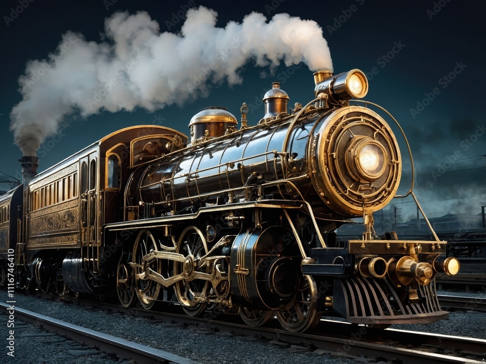 Naklejka premium A steampunk-inspired locomotive, featuring brass pipes, gears, and vintage details, blending Victorian-era aesthetics with futuristic steam-powered design